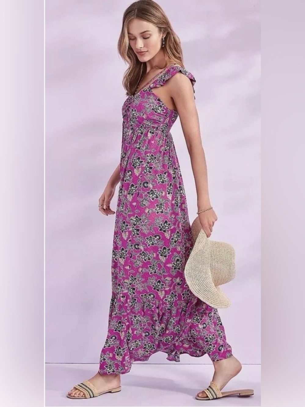 LOFT Floral Ruffle Strappy Maxi Dress Floral Maxi Dress Purple & Black Size 14